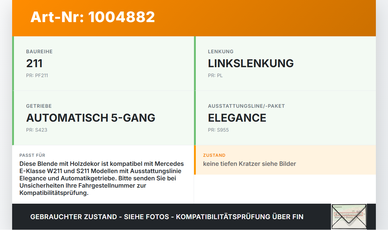 Mercedes E320 W211 S211 03-08 Blende Einbaurahmen Holzdekor Mercedes E320 W211 S211 03-08 07.04.2004 A2116802336... Vorschau 3