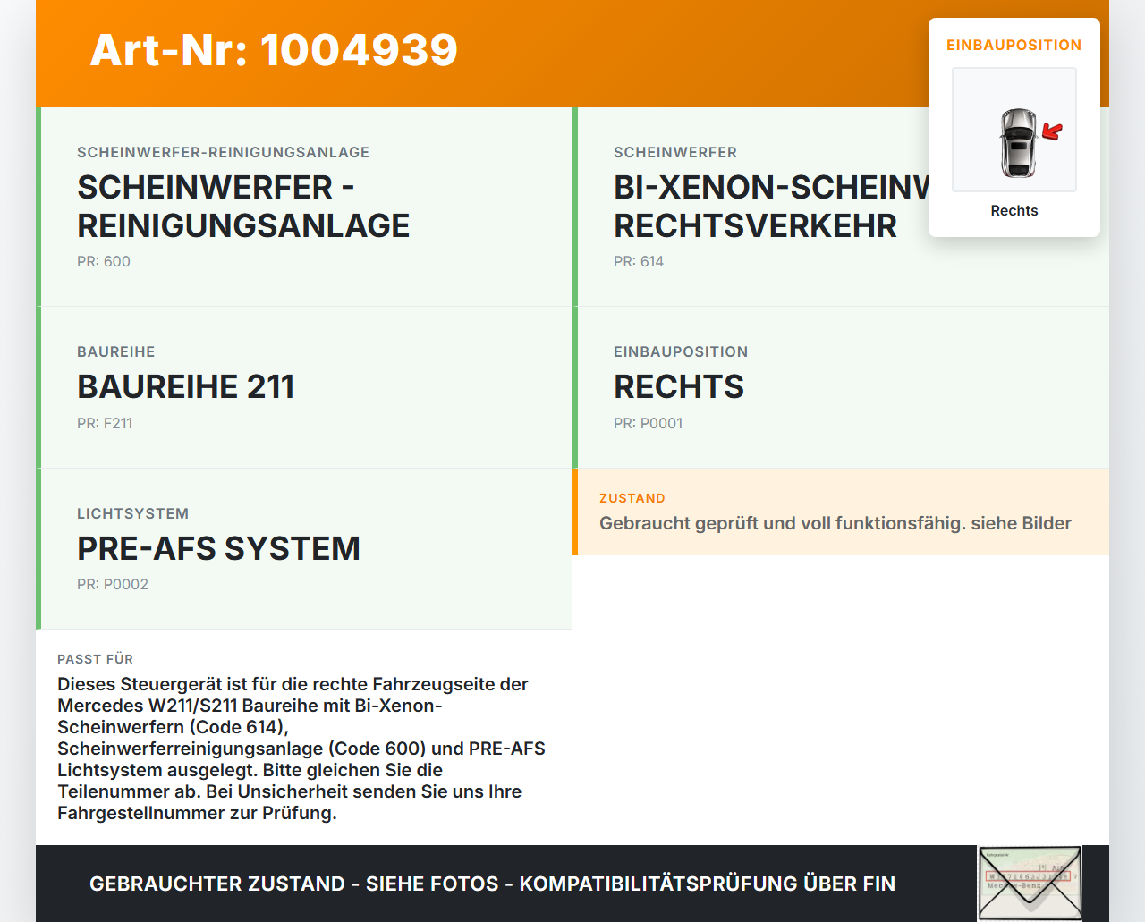 Mercedes E320 W211 S211 03-08 Steuergerät SG LW Licht Leistungsmodul Pre AFS Rechts Mercedes E320 W211 S211 03-08... Vorschau 3