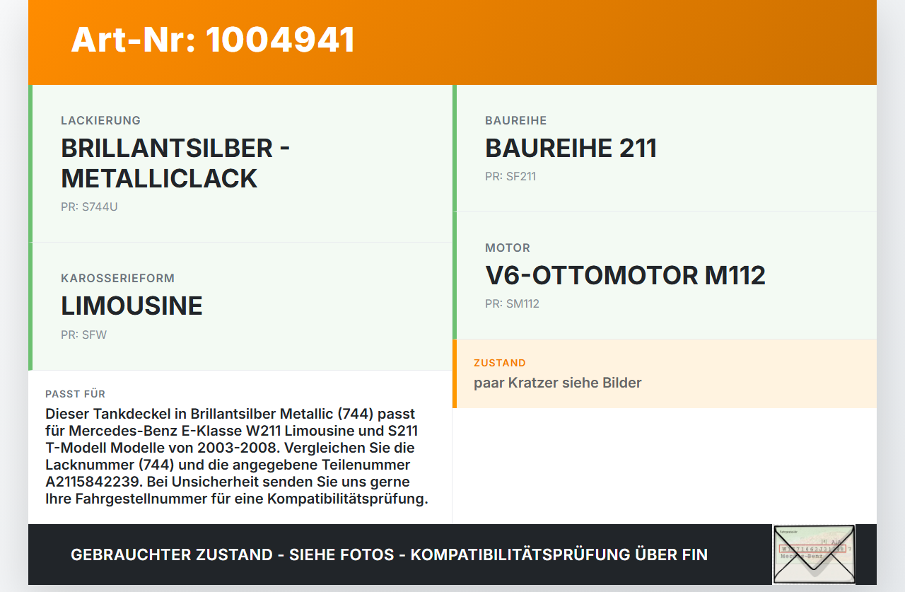 Mercedes E320 W211 S211 03-08 Tankdeckel Tankklappe 744 Mercedes E320 W211 S211 03-08 07.04.2004 A2115842239 gebraucht Vorschau 3