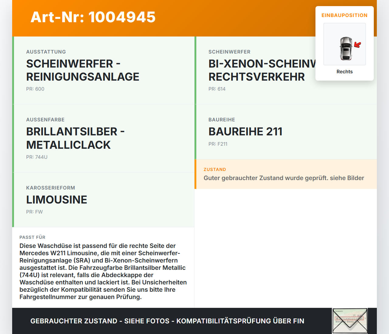 Mercedes E320 W211 S211 03-08 Waschdüse f. Scheinwerfer Rechts Mercedes E320 W211 S211 03-08 07.04.2004 A2118600647... Vorschau 3