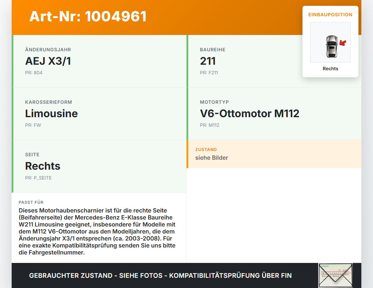 Mercedes E320 W211 S211 03-08 Lim Scharnier für Motorhaube Motorhaubenscharnier Rechts Mercedes E320 W211 S211... Vorschau 3