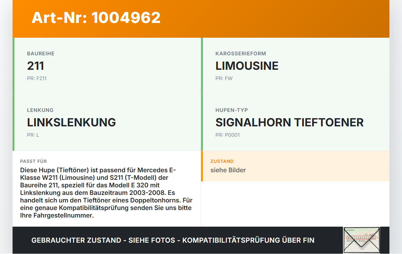 Mercedes E320 W211 S211 03-08 Hupe Signalhorn Tieftöner Mercedes E320 W211 S211 03-08 07.04.2004 A0065420120... Vorschau 3