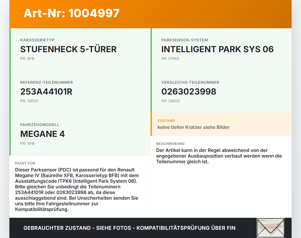 Renault Megane IV 4 16-21 Abstands Sensor Parksensor PDC Renault Megane IV 4 16-21 10.12.2018 253A44101R 0263023998... Vorschau 3