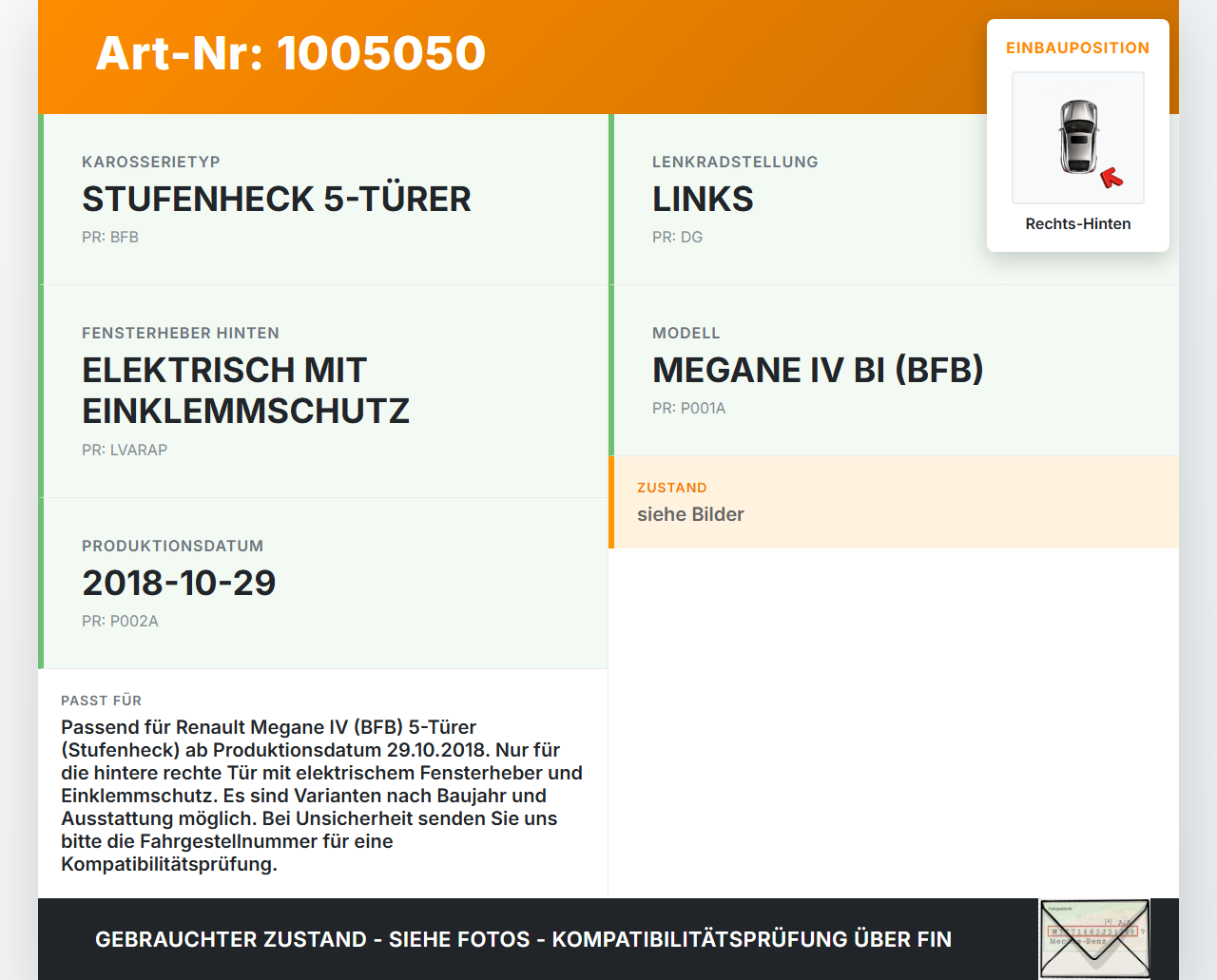 Renault Megane IV 4 16-21 5T Fensterhebermotor mit Fensterheber Rechts Hinten Renault Megane IV 4 16-21 10.12.2018... Vorschau 3