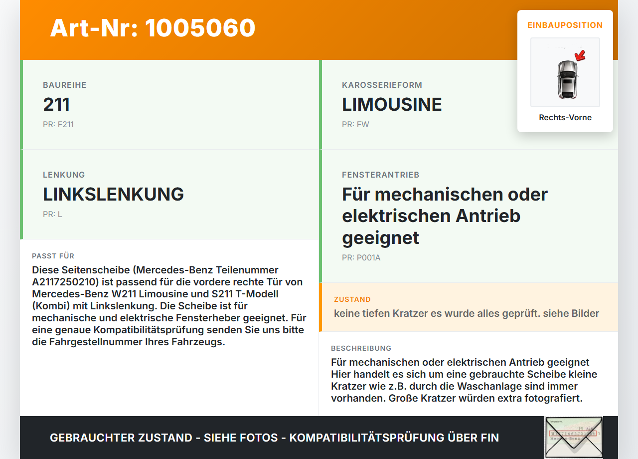 Mercedes E320 W211 S211 03-08 Lim Seitenscheibe RVK Türscheibe Rechts Vorne Mercedes E320 W211 S211 03-08... Vorschau 3
