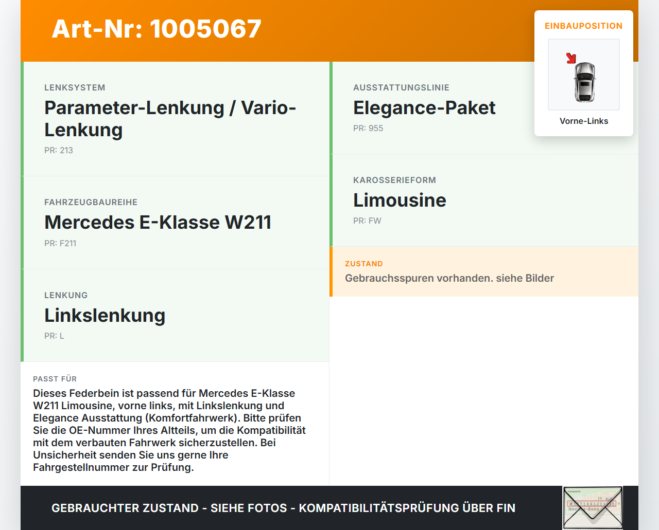 Mercedes E320 W211 S211 03-08 Lim Stossdämpfer Federbein Vorne Links Mercedes E320 W211 S211 03-08 07.04.2004... Vorschau 3
