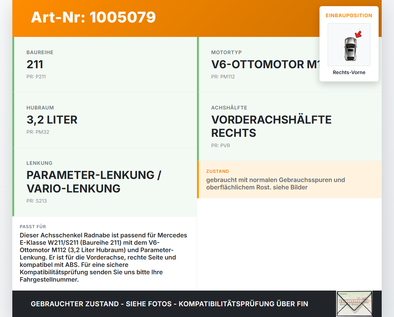 Mercedes E320 W211 S211 03-08 3,2 165KW Achsschenkel Radnabe mit ABS Rechts Vorne Mercedes E320 W211 S211 03-08... Vorschau 3