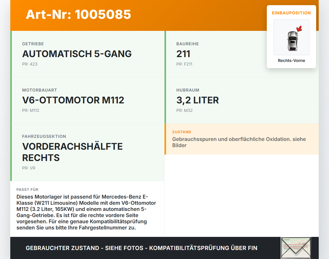 Mercedes E320 W211 S211 03-08 3,2 165KW Motorlager Motorhalter Rechts Vorne Mercedes E320 W211 S211 03-08... Vorschau 3