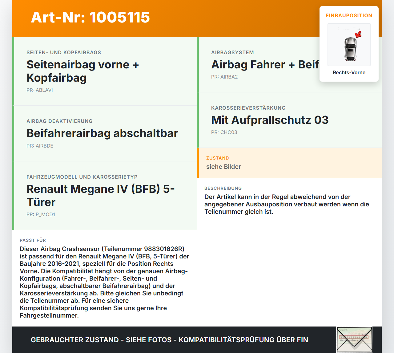 Renault Megane IV 4 16-21 Sensor für Airbag Crashsensor Airbagsensor Rechts Vorne Renault Megane IV 4 16-21... Vorschau 3