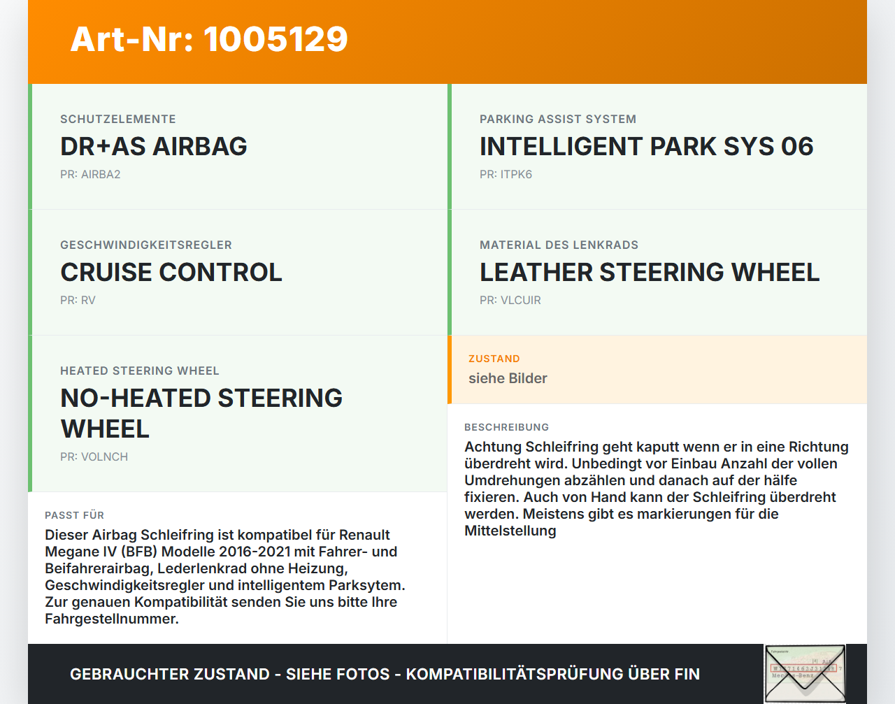 Renault Megane IV 4 16-21 Airbag Schleifring Wickelfeder Renault Megane IV 4 16-21 10.12.2018 255545857R--B... Vorschau 3