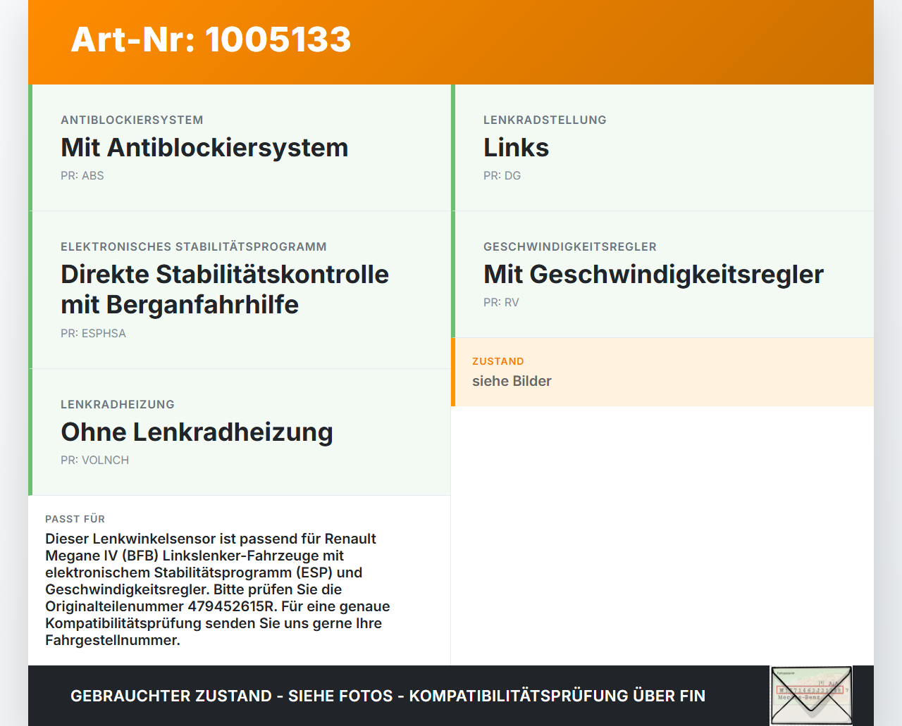 Renault Megane IV 4 16-21 Lenkwinkelsensor Renault Megane IV 4 16-21 10.12.2018 479452615R gebraucht Vorschau 3