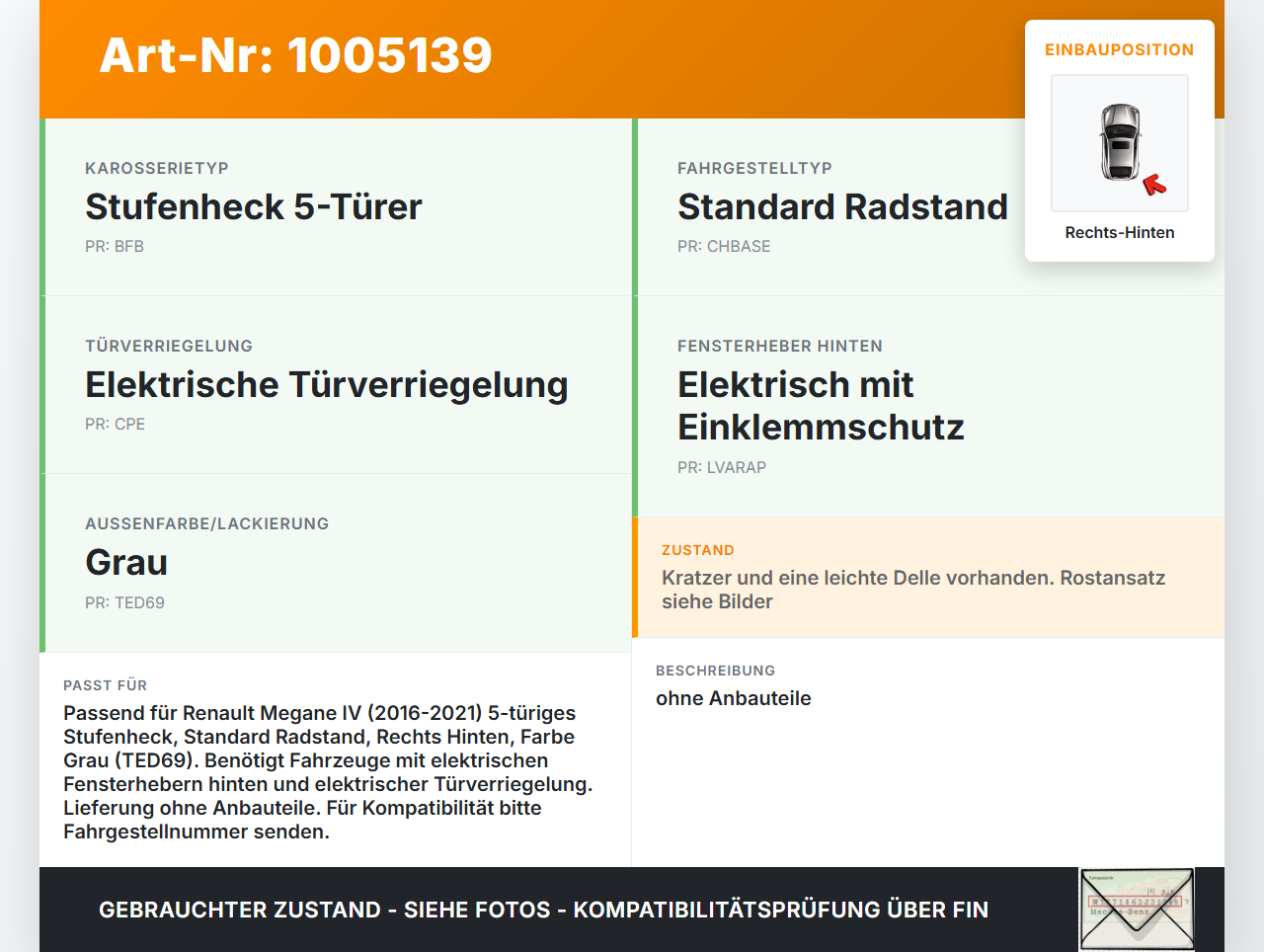 Renault Megane IV 4 16-21 5T Tür Rechts Hinten TED69 Renault Megane IV 4 16-21 10.12.2018 821003398R gebraucht Vorschau 3