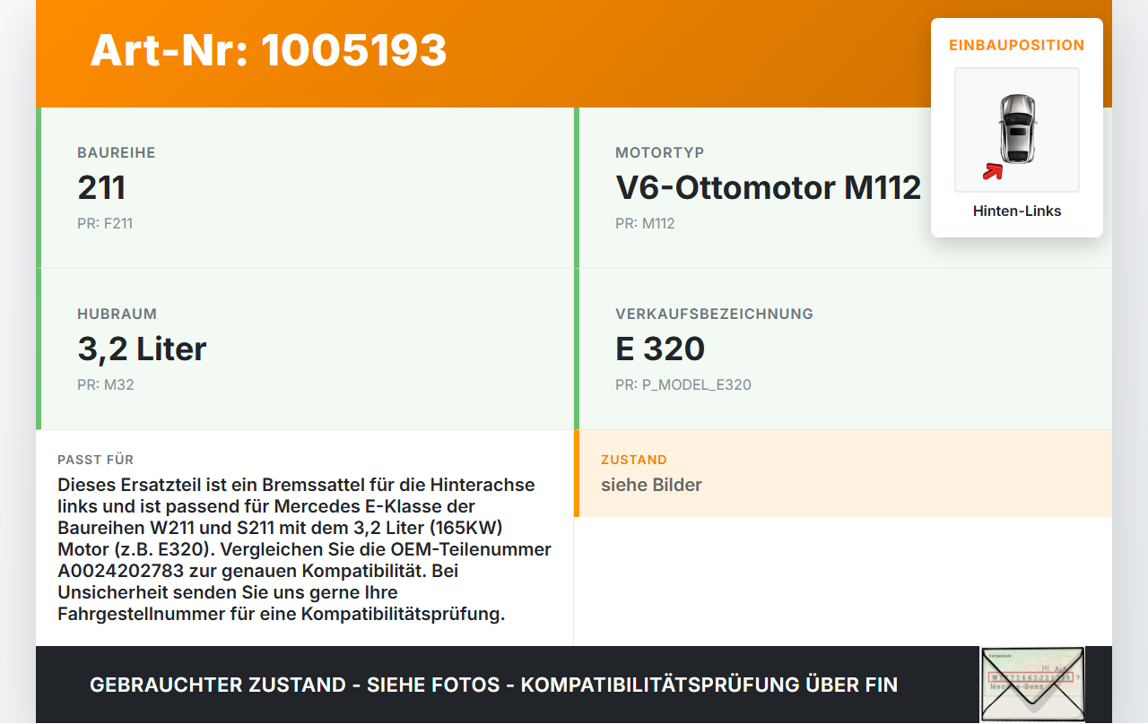 Mercedes E320 W211 S211 03-08 3,2 165KW Bremssattel Bremszange Hinten Links Mercedes E320 W211 S211 03-08... Vorschau 3