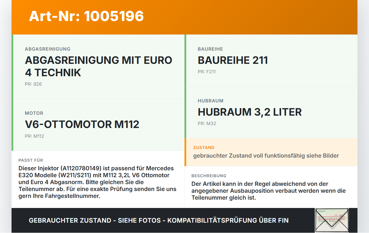Mercedes E320 W211 S211 03-08 3,2 165KW Injektor Einspritzdüse Zyl.6 Mercedes E320 W211 S211 03-08 07.04.2004... Vorschau 3