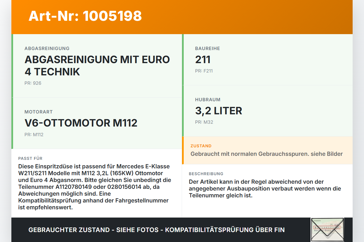 Mercedes E320 W211 S211 03-08 3,2 165KW Einspritzdüse Einspritzventil Zyl.4 Mercedes E320 W211 S211 03-08... Vorschau 3