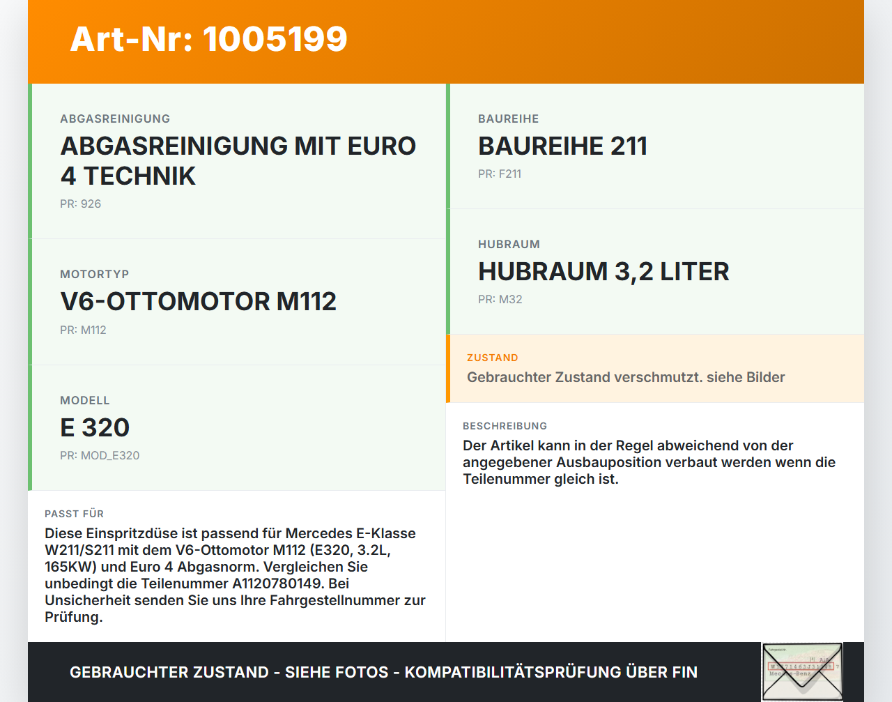Mercedes E320 W211 S211 03-08 3,2 165KW Einspritzdüse Einspritzventil Zyl.5 Mercedes E320 W211 S211 03-08... Vorschau 3