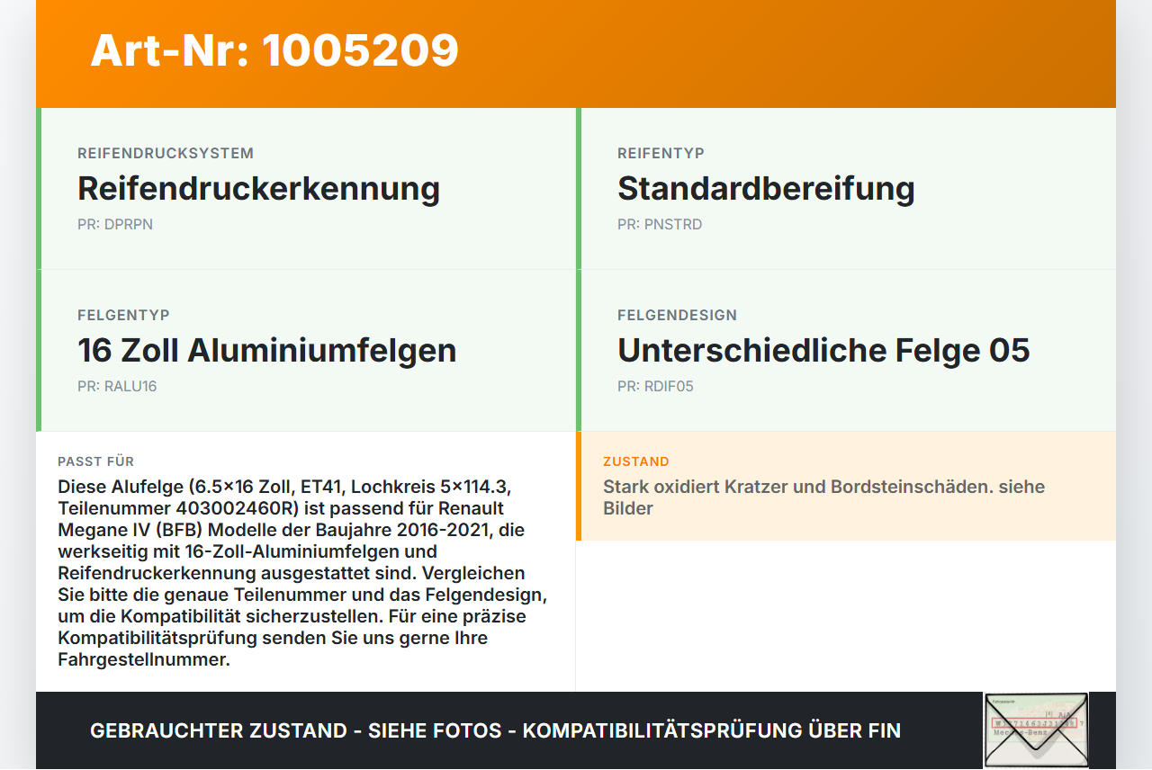 Renault Megane IV 4 16-21 1x Felge Alufelge 5X114.3 6.5X16Zoll ET41 Renault Megane IV 4 16-21 10.12.2018 403002460R... Vorschau 3