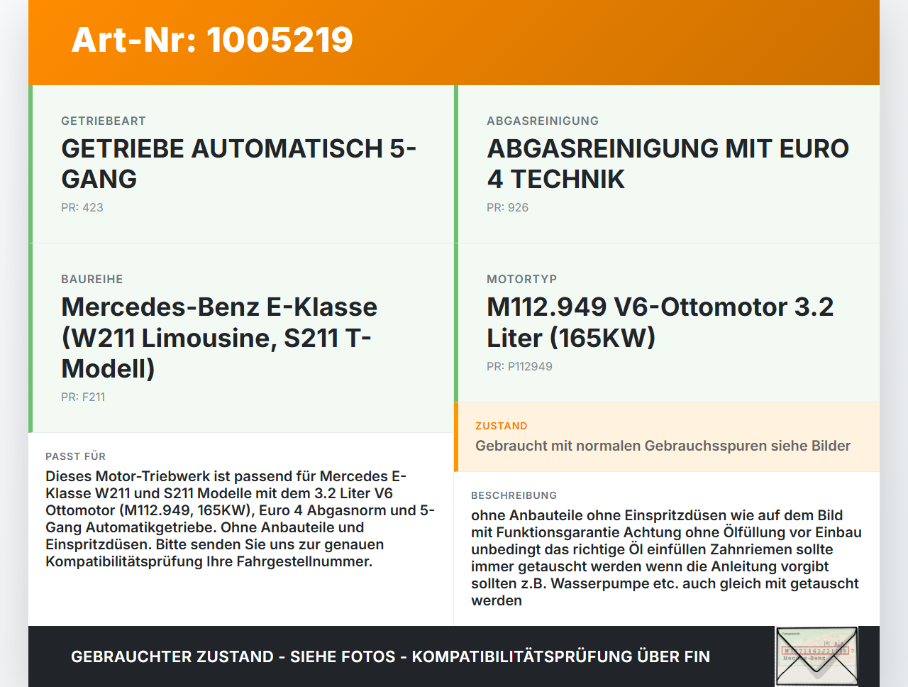 Mercedes E320 W211 S211 03-08 3,2 165KW 112949 Motor Triebwerk Mercedes E320 W211 S211 03-08 07.04.2004 A1120107200... Vorschau 3
