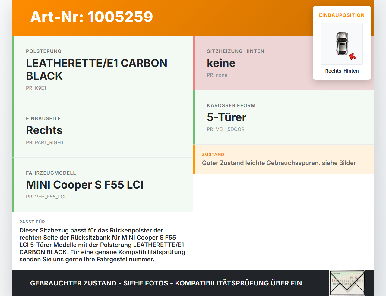 Mini Cooper S F55 LCI 18-21 Sitzbezug Rückenpolster Rechts für Rücksitzbank Hinten CARBON BLACK Leder Mini Cooper S... Vorschau 3