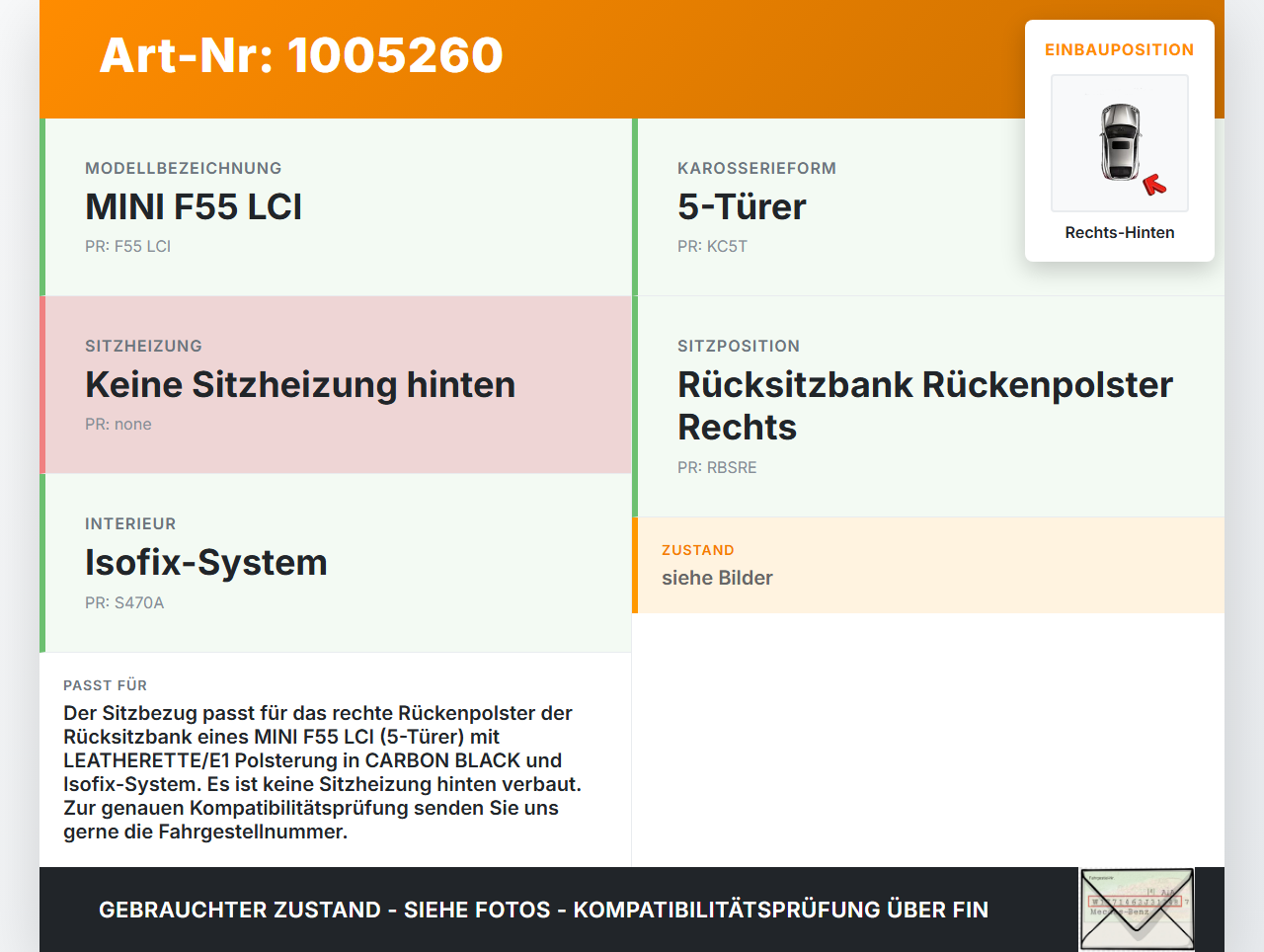 Mini Cooper S F55 LCI 18-21 Sitzbezug Rückenpolster Rechts für Rücksitzbank Hinten CARBON BLACK Leder Mini Cooper S... Vorschau 3
