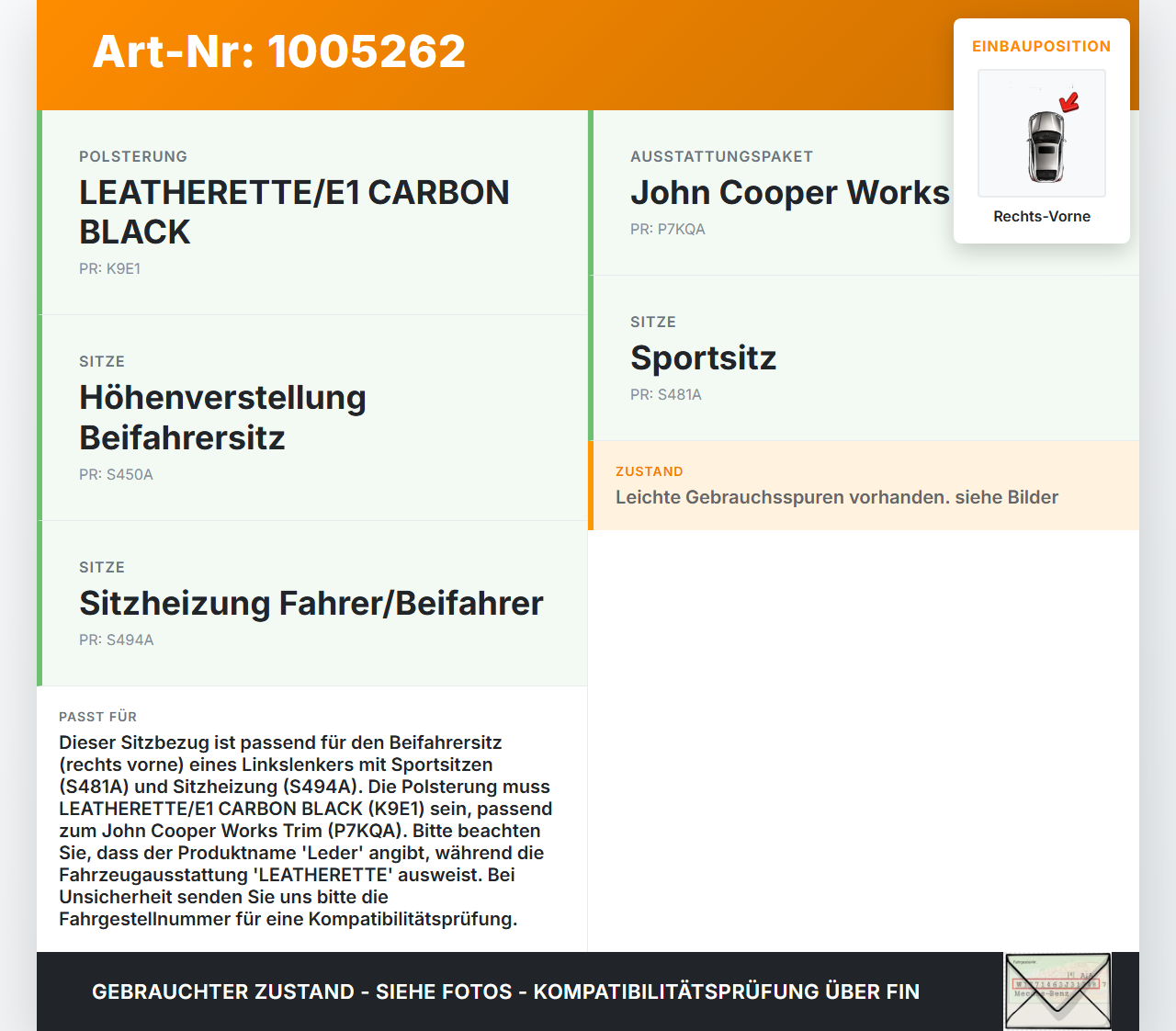 Mini Cooper S F55 LCI 18-21 Sitzbezug Sitzpolster für Beifahrersitz Rechts Vorne beheizt CARBON BLACK Leder Mini... Vorschau 3