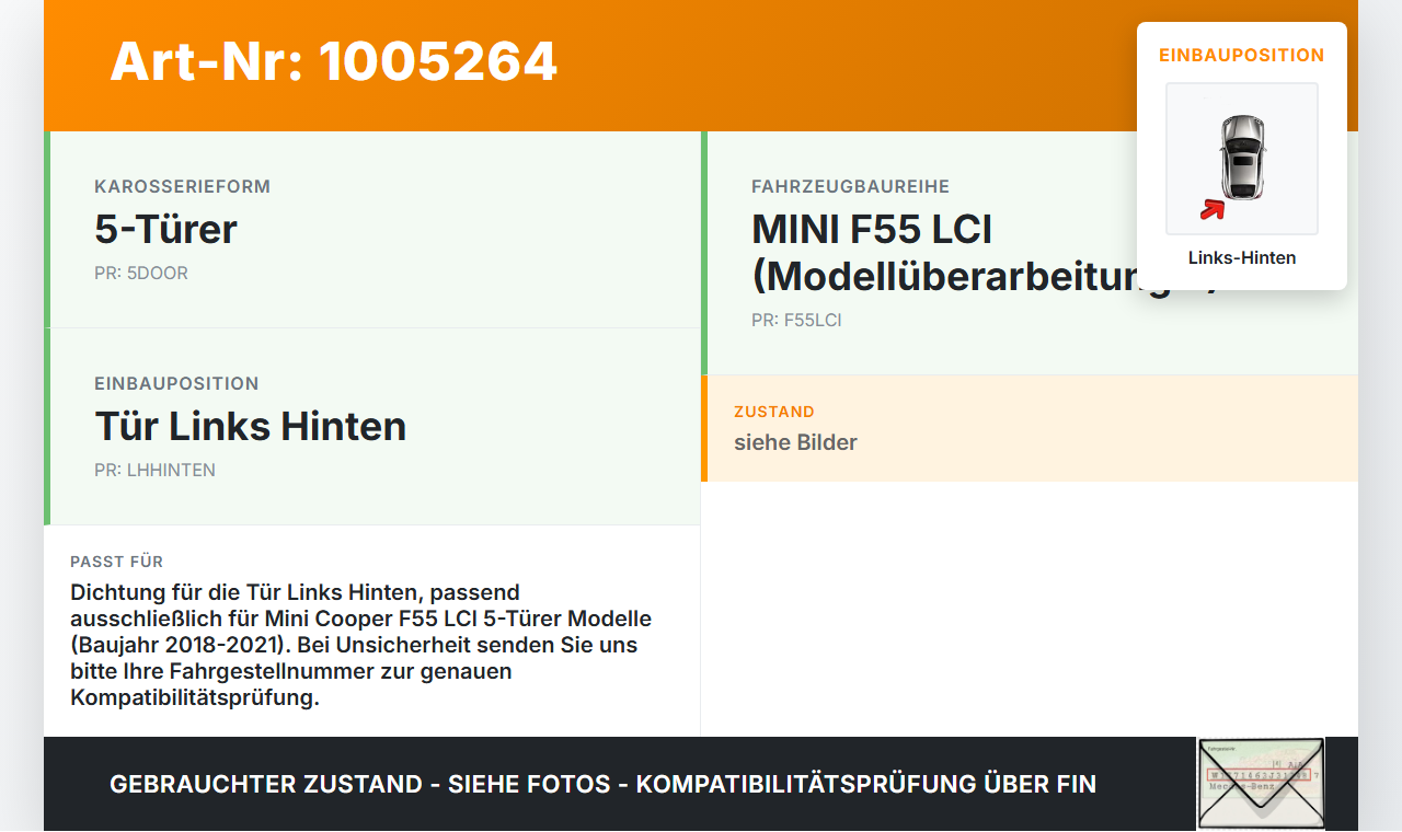 Mini Cooper S F55 LCI 18-21 Dichtung für Tür Links Hinten Mini Cooper S F55 LCI 18-21 01.07.2021 gebraucht Vorschau 3