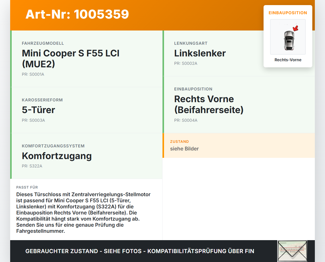 Mini Cooper S F55 LCI 18-21 Türschloss m. ZV Stellmotor Rechts Vorne Mini Cooper S F55 LCI 18-21 01.07.2021... Vorschau 3
