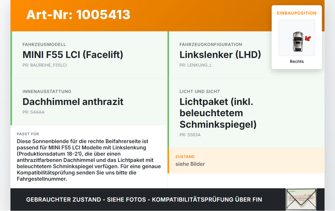 Mini Cooper S F55 LCI 18-21 Sonnenblende Rechts für Beifahrer Mini Cooper S F55 LCI 18-21 01.07.2021 51165A0CBD8... Vorschau 3