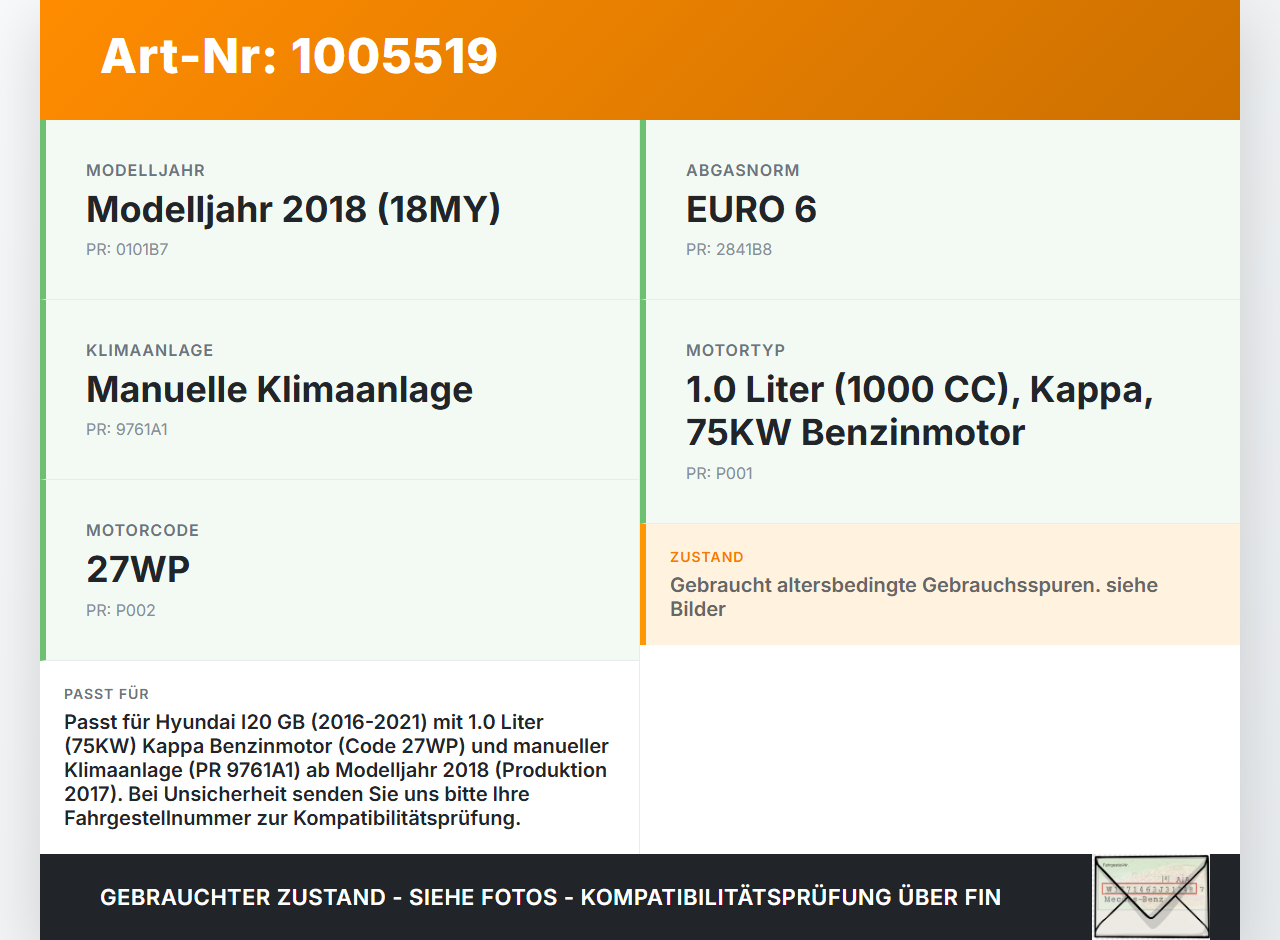Hyundai I20 GB 16-21 1,0 75KW Klimakompressor Klima Kompressor Hyundai I20 GB 16-21 17.04.2018 97701C8400 gebraucht Vorschau 3