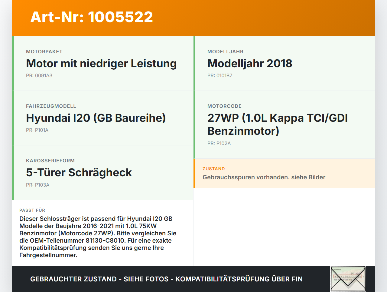 Hyundai I20 GB 16-21 1,0 75KW Schlossträger Frontmaske Träger Oberteil Hyundai I20 GB 16-21 17.04.2018 81130-C8010... Vorschau 3