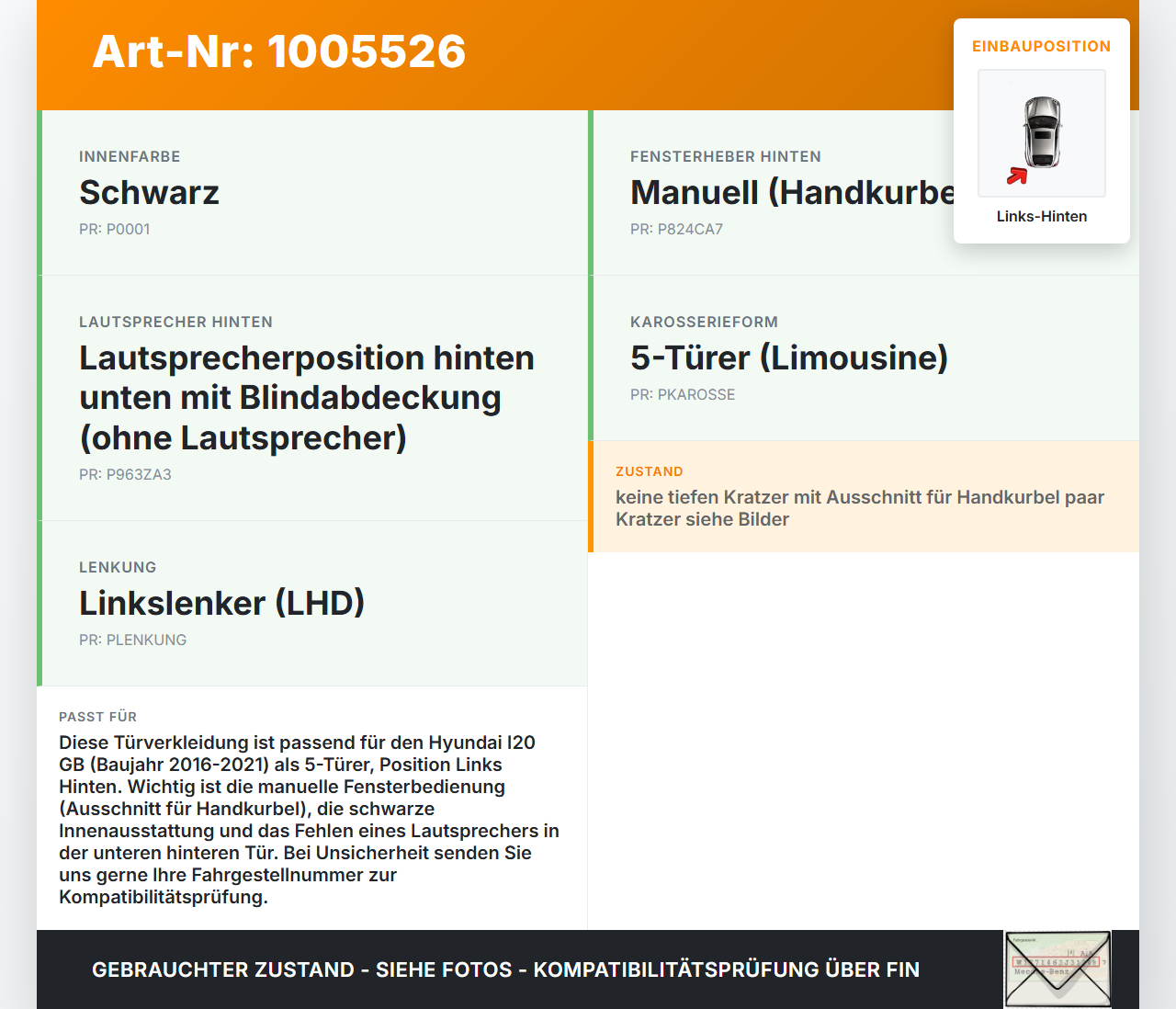 Hyundai I20 GB 16-21 5T Türverkleidung Türpappe Links Hinten Hyundai I20 GB 16-21 17.04.2018 gebraucht Vorschau 3