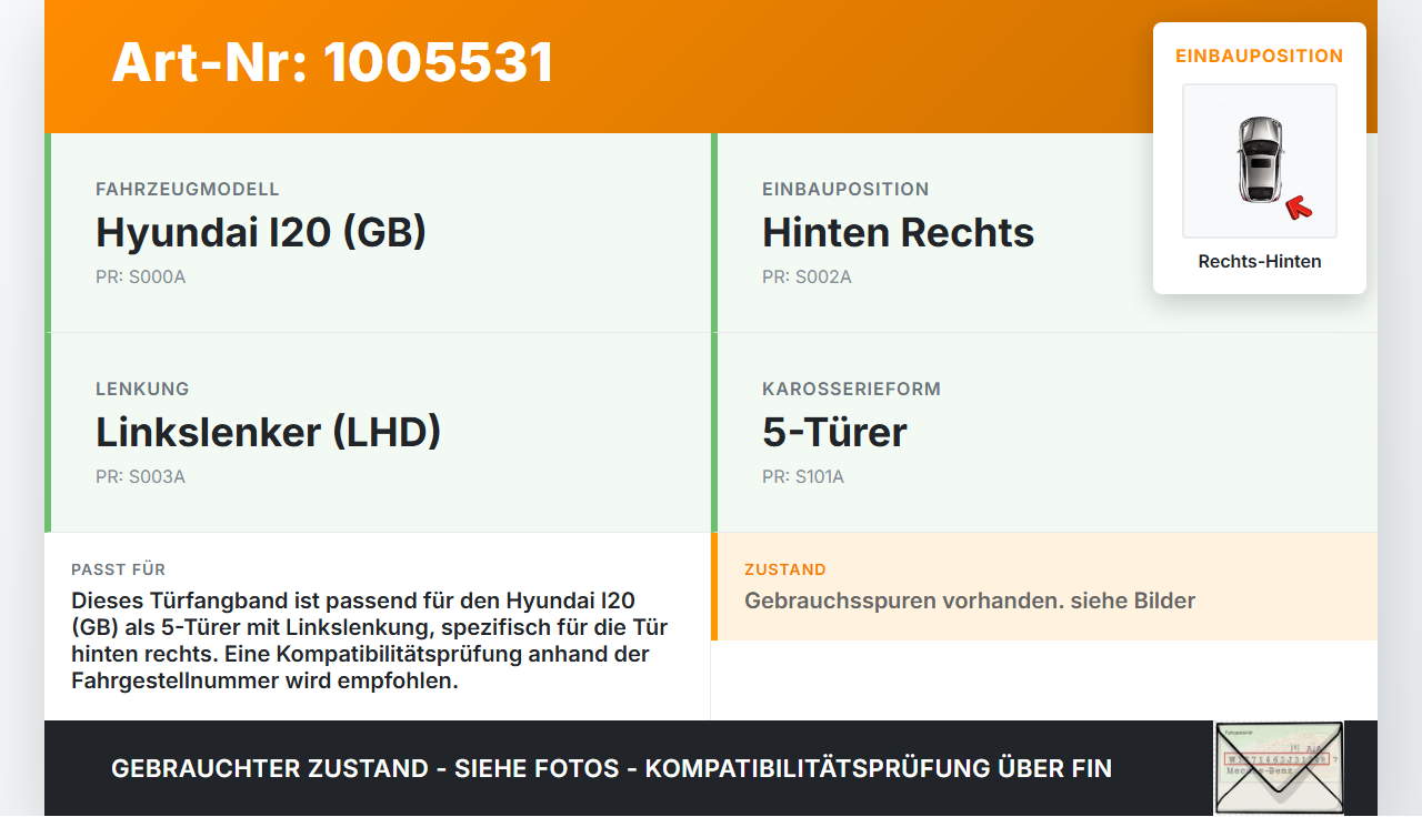 Hyundai I20 GB 16-21 5T Türfangband Türbremse Türanschlag Rechts Hinten Hyundai I20 GB 16-21 17.04.2018 gebraucht Vorschau 3