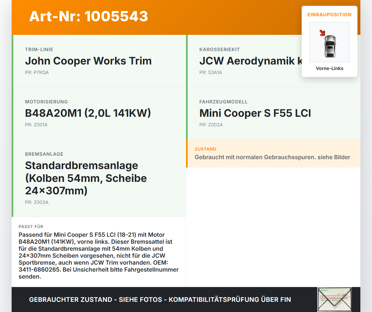 Mini Cooper S F55 LCI 18-21 2,0 141KW Bremssattel Bremszange Vorne Links Mini Cooper S F55 LCI 18-21 01.07.2021... Vorschau 3