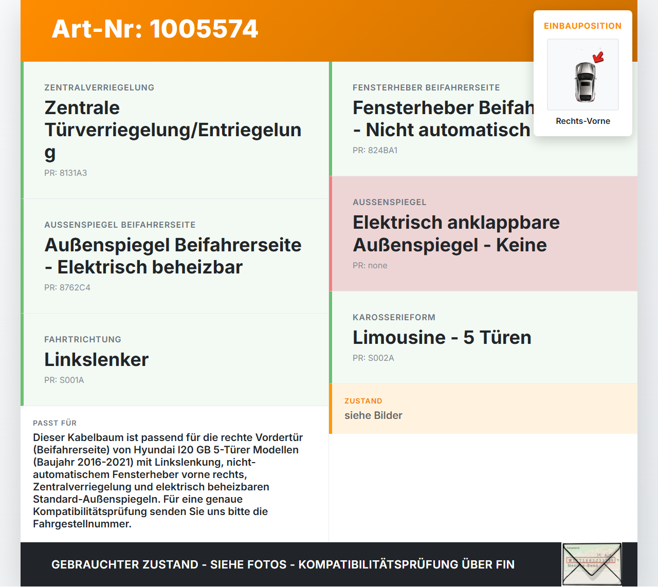 Hyundai I20 GB 16-21 5T Kabelbaum für Tür und Fensterheber Rechts Vorne Hyundai I20 GB 16-21 17.04.2018 91611C8661... Vorschau 3