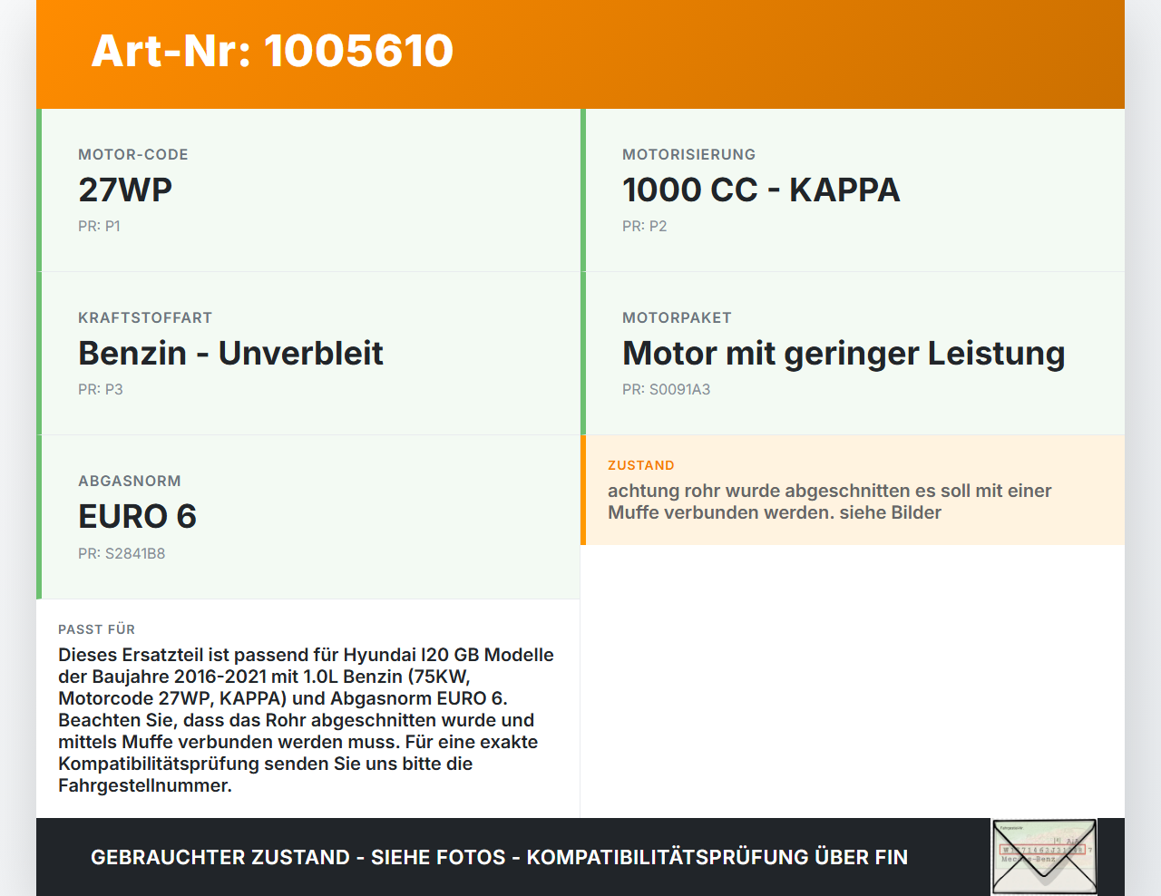 Hyundai I20 GB 16-21 1,0 75KW Katalysator Kat Abgasanlage Hyundai I20 GB 16-21 17.04.2018 2853004HA4 WO4HCO 7083MH2... Vorschau 3
