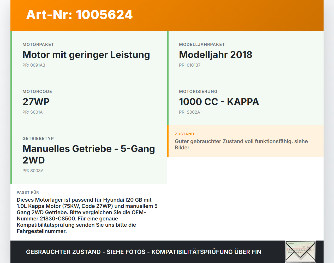 Hyundai I20 GB 16-21 1,0 75KW Motorlager Motorhalter Hyundai I20 GB 16-21 17.04.2018 21830C8500 21830-C8500 gebraucht Vorschau 3