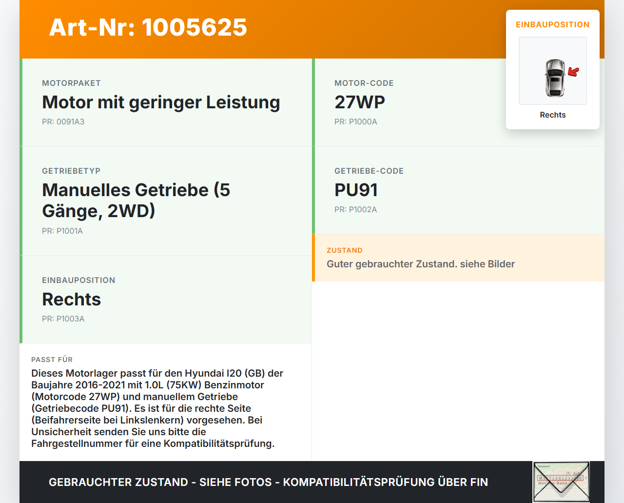 Hyundai I20 GB 16-21 1,0 75KW Motorhalter Motorlager Rechts Hyundai I20 GB 16-21 17.04.2018 gebraucht Vorschau 3
