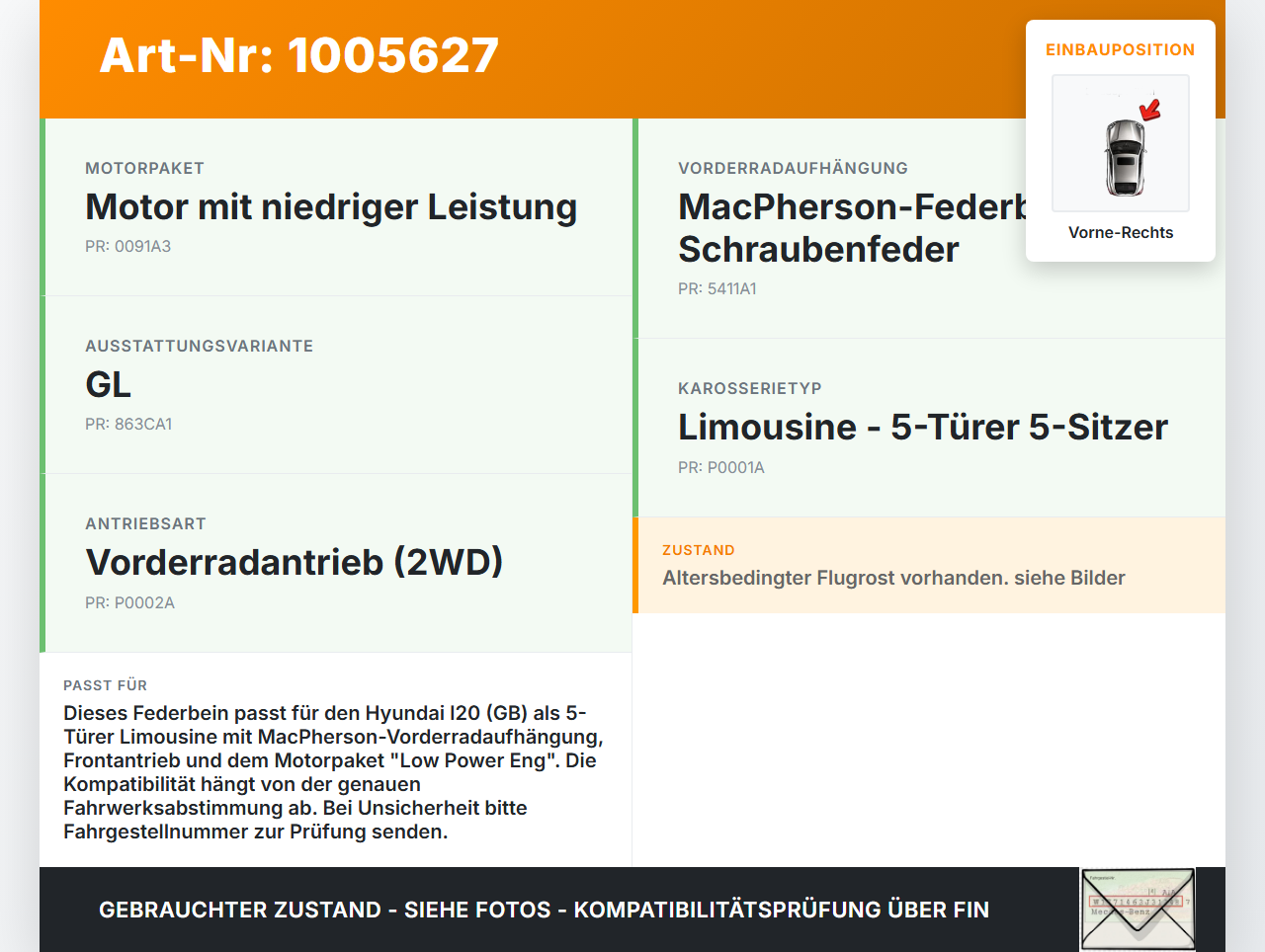 Hyundai I20 GB 16-21 5T Federbein Stoßdämpfer Vorne Rechts Hyundai I20 GB 16-21 17.04.2018 54660C8010 gebraucht Vorschau 3