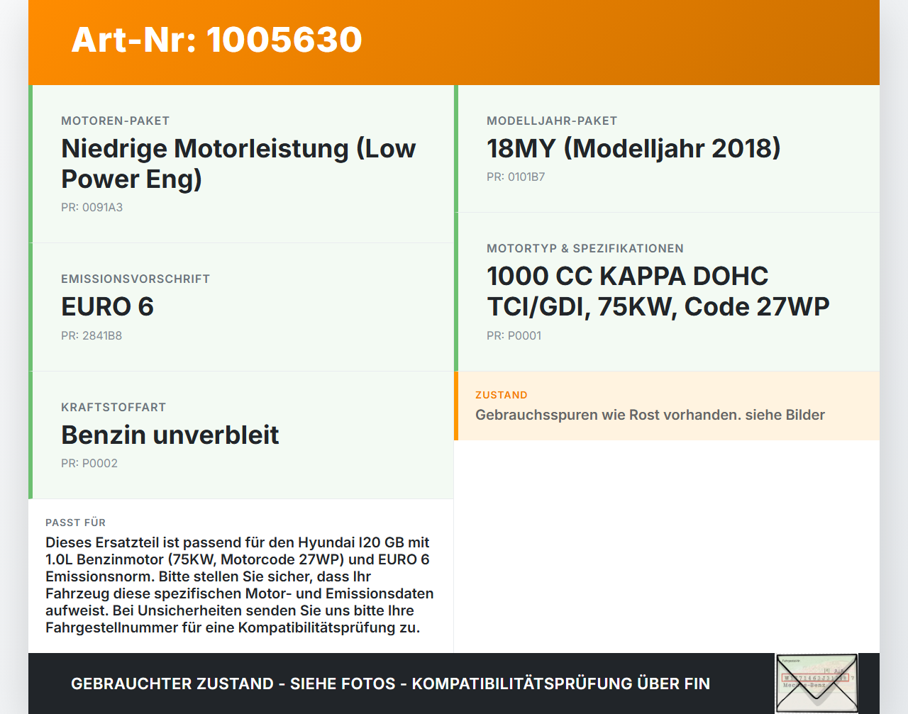Hyundai I20 GB 16-21 1,0 75KW Katalysator Kat Hyundai I20 GB 16-21 17.04.2018 2853004HA4 gebraucht Vorschau 3