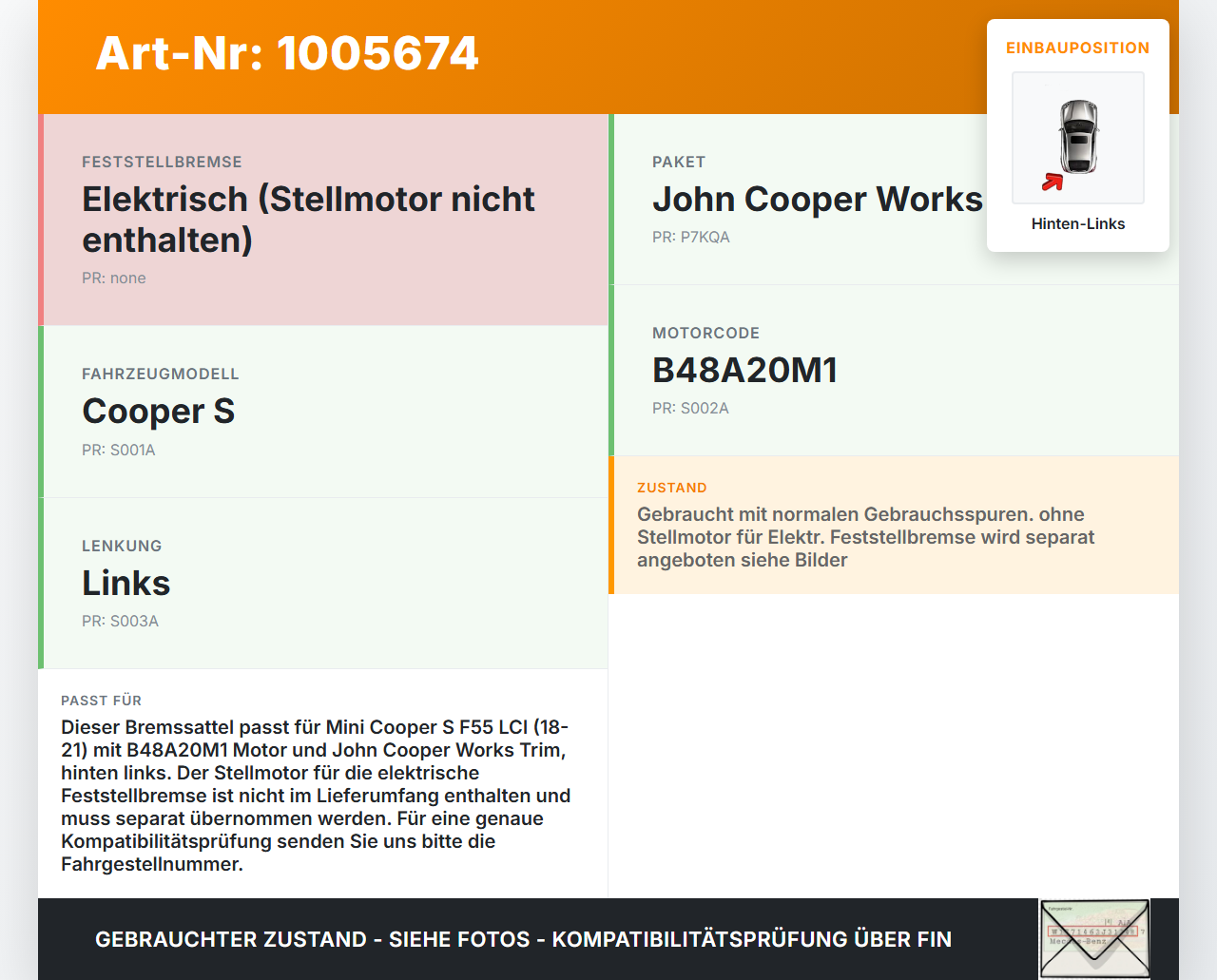 Mini Cooper S F55 LCI 18-21 2,0 141KW Bremssattel Bremszange Hinten Links Mini Cooper S F55 LCI 18-21 01.07.2021... Vorschau 3