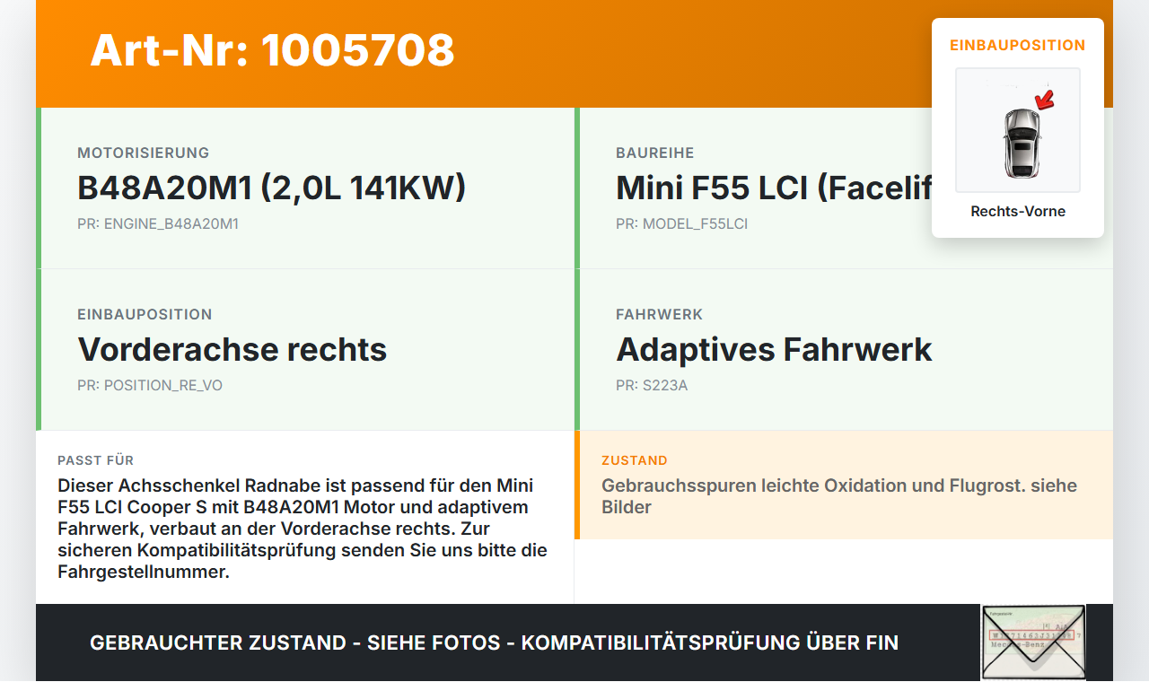 Mini Cooper S F55 LCI 18-21 2,0 141KW Achsschenkel Radnabe Rechts Vorne Mini Cooper S F55 LCI 18-21 01.07.2021... Vorschau 3