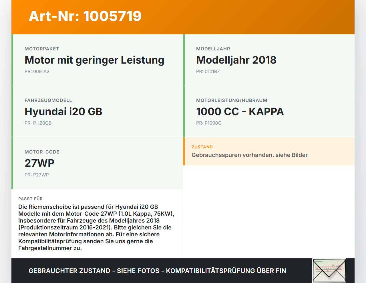 Hyundai I20 GB 16-21 1,0 75KW 27WP Riemenscheibe Hyundai I20 GB 16-21 17.04.2018 3732204950 gebraucht Vorschau 3