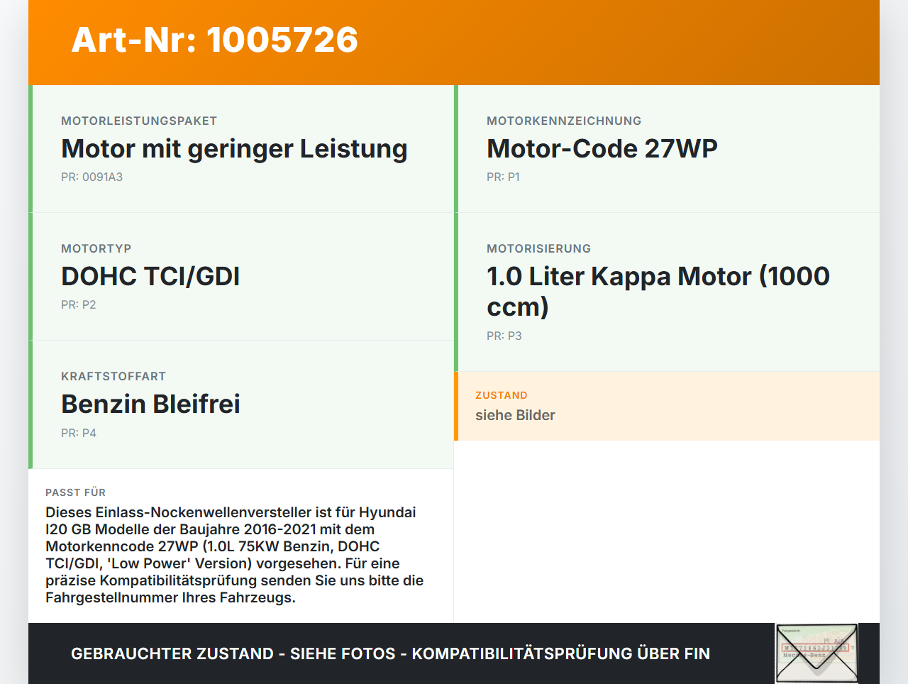 Hyundai I20 GB 16-21 1,0 75KW 27WP Nockenwellenverstellung Verstellung für Nockenwelle Einlass Hyundai I20 GB 16-21... Vorschau 3