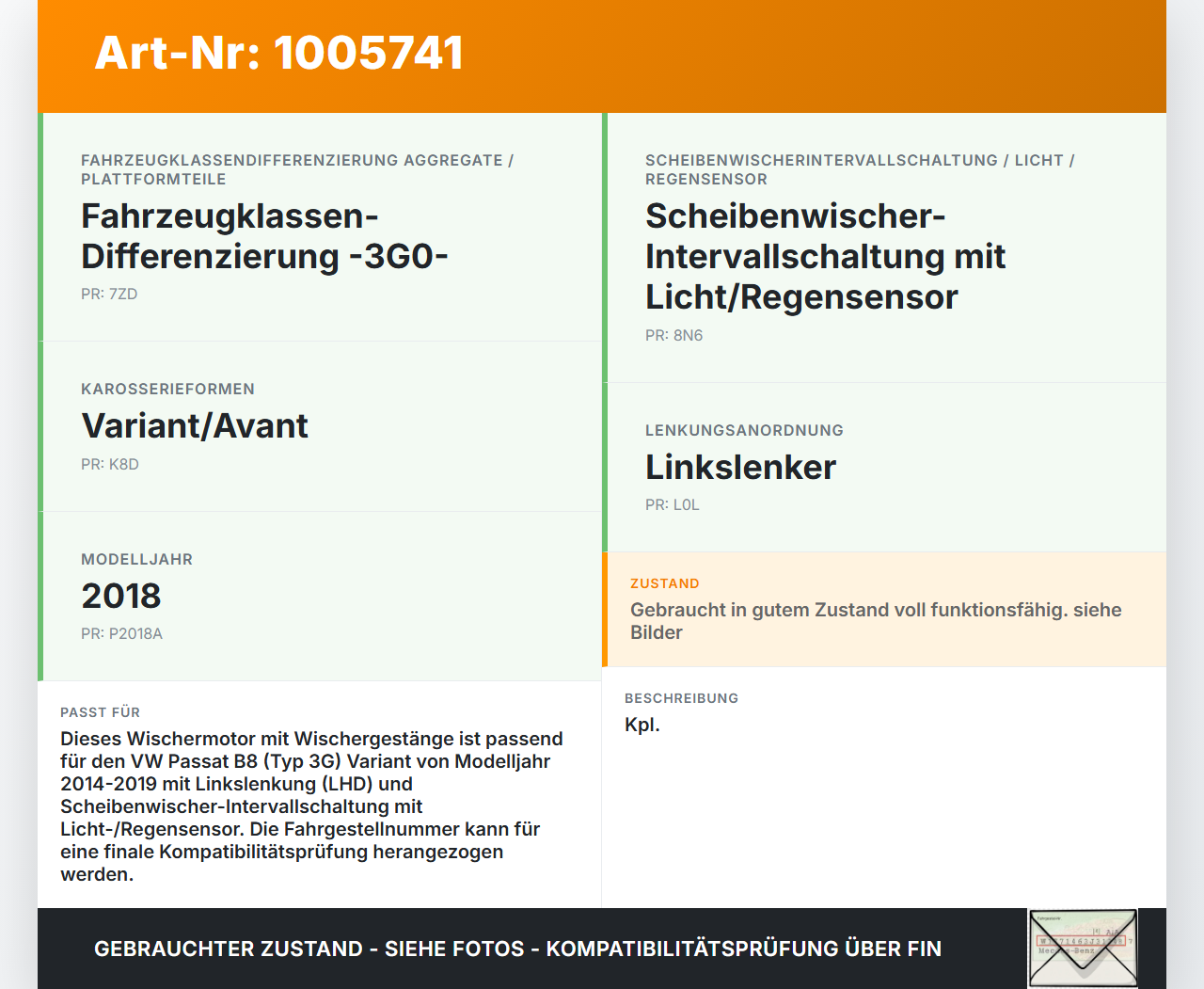 VW Passat 3G B8 14-19 Wischermotor mit Wischergestänge VW Passat 3G B8 14-19 31.01.2018 3G1955023D gebraucht Vorschau 3