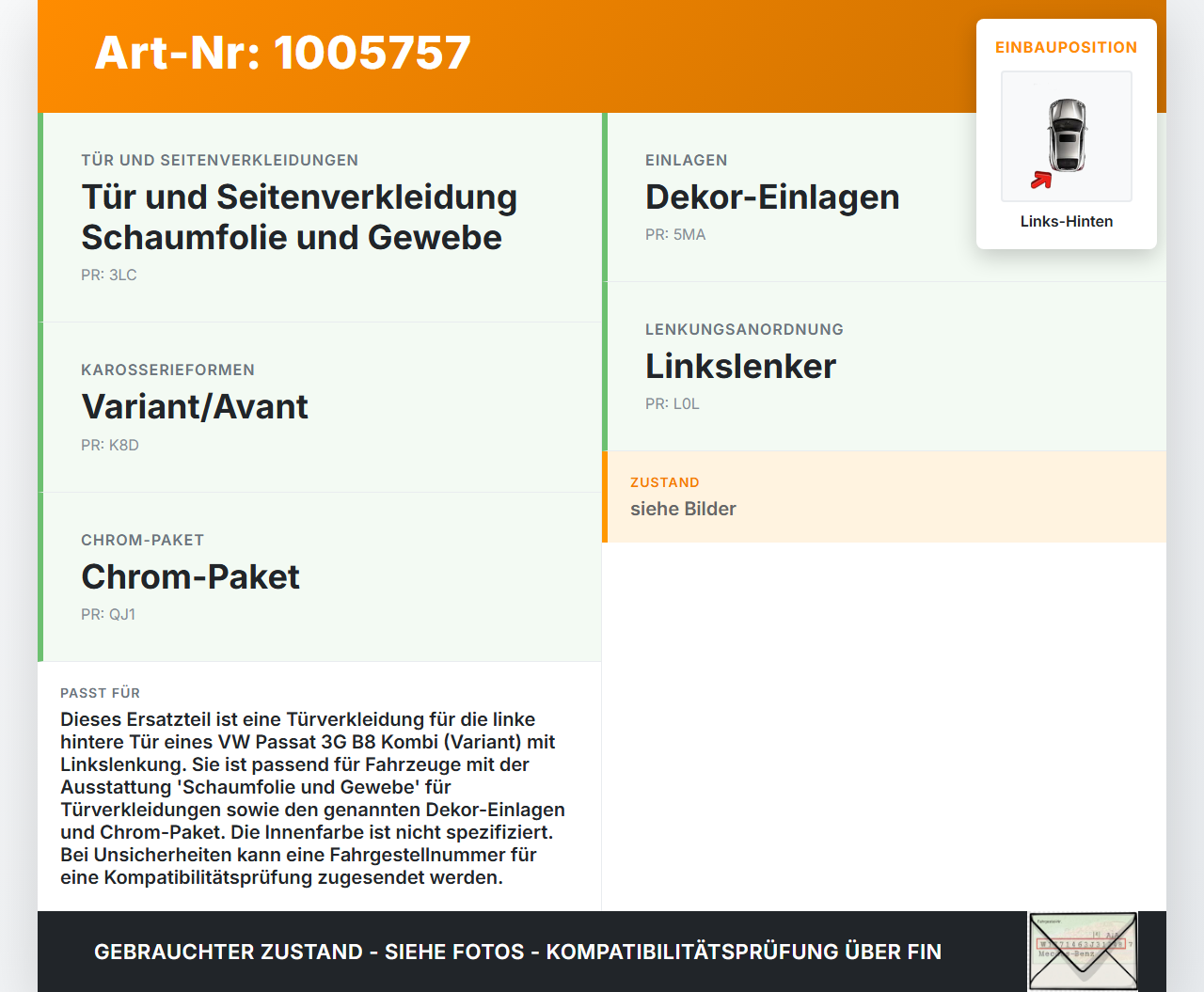 VW Passat 3G B8 14-19 Kombi Türverkleidung Türpappe Links Hinten VW Passat 3G B8 14-19 31.01.2018 3G9867211AC... Vorschau 3