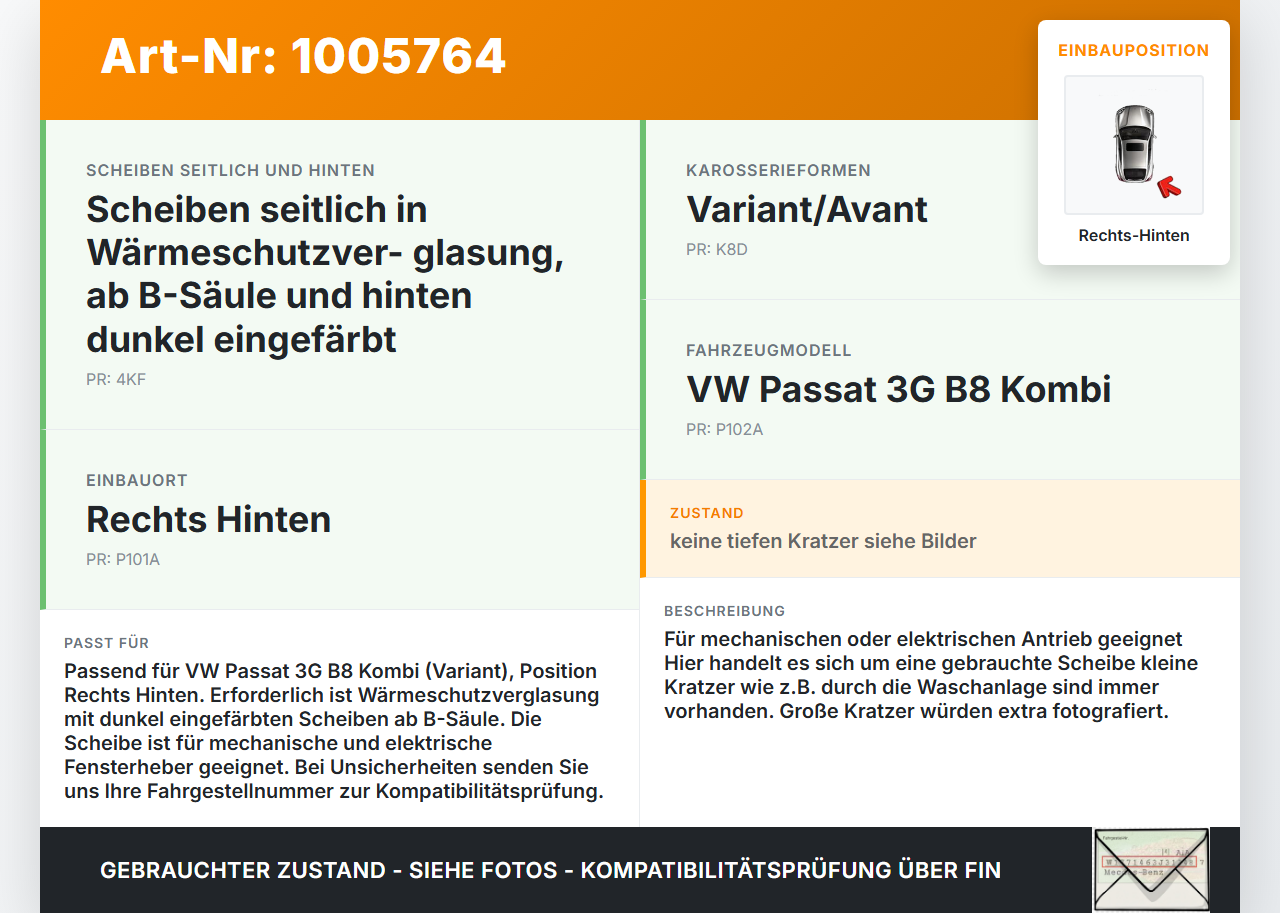 VW Passat 3G B8 14-19 Kombi Seitenscheibe RHK Türscheibe Rechts Hinten Orig. getönt VW Passat 3G B8 14-19... Vorschau 3