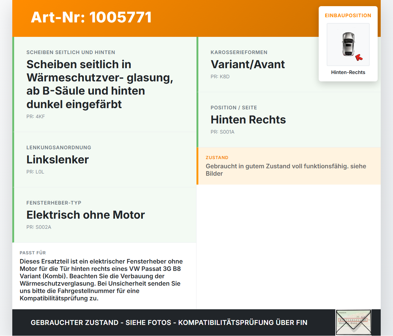 VW Passat 3G B8 14-19 Kombi Fensterheber o. FH-Motor Hinten Rechts VW Passat 3G B8 14-19 31.01.2018 3G9839462B... Vorschau 3
