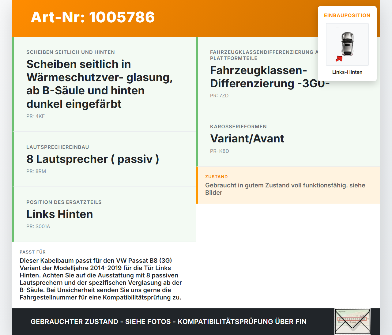 VW Passat 3G B8 14-19 Kombi Kabelbaum für Tür und Fensterheber Links Hinten VW Passat 3G B8 14-19 31.01.2018... Vorschau 3