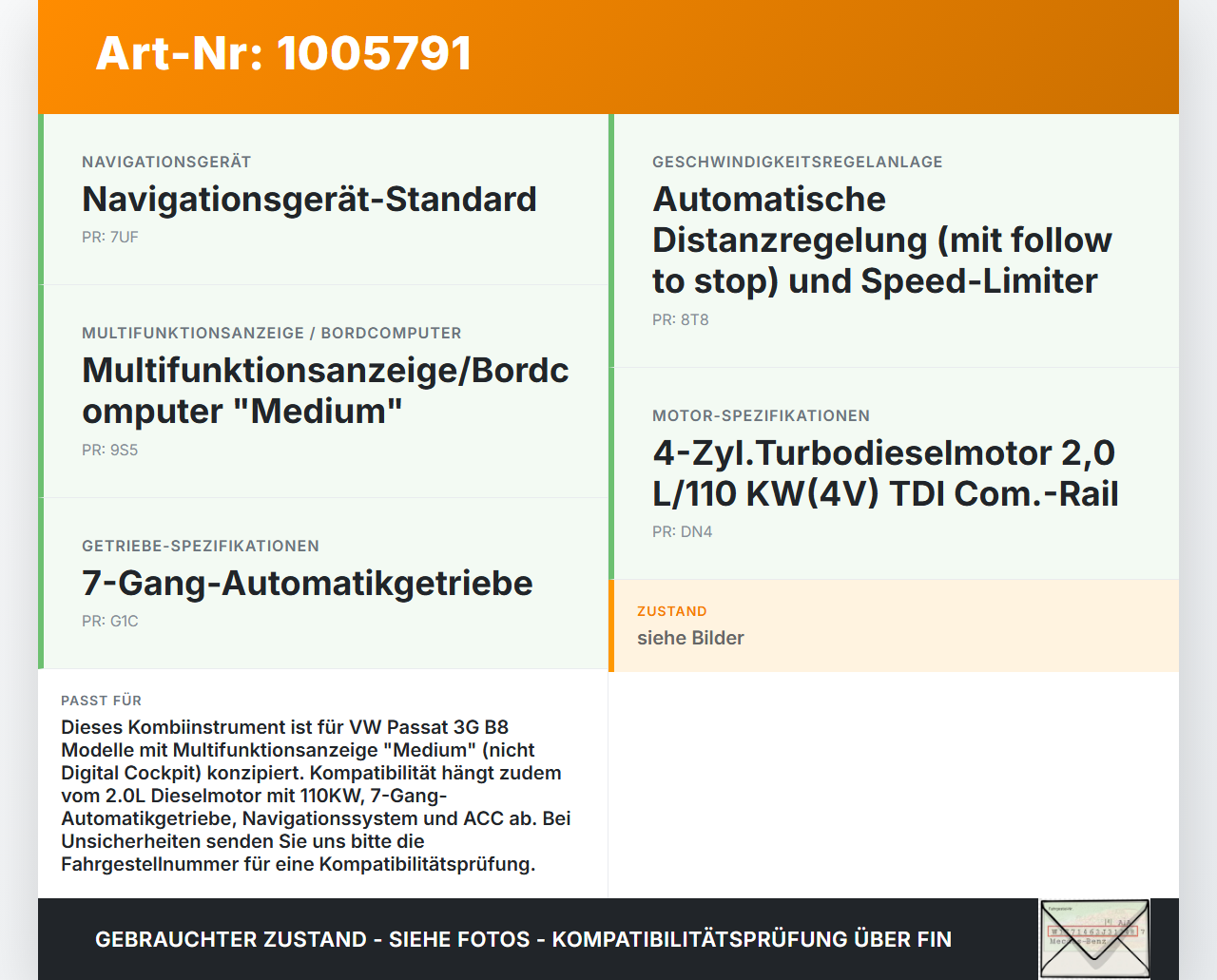 VW Passat 3G B8 14-19 2,0 110KW Kombiinstrument Tacho VW Passat 3G B8 14-19 31.01.2018 3G0920741C gebraucht Vorschau 3