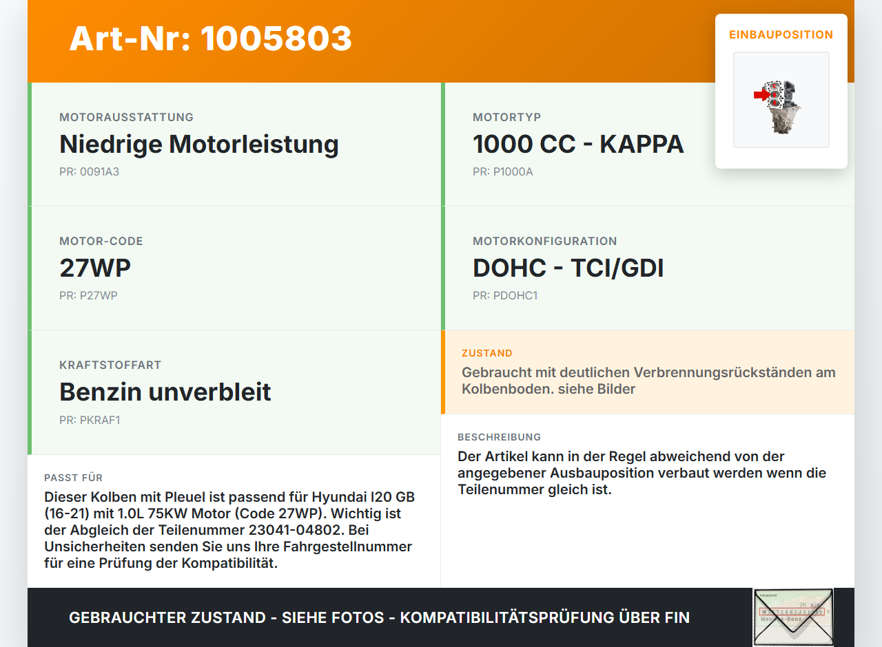 Hyundai I20 GB 16-21 1,0 75KW 27WP Kolben mit Pleuel Pos B Hyundai I20 GB 16-21 17.04.2018 23041-04802 gebraucht Vorschau 3